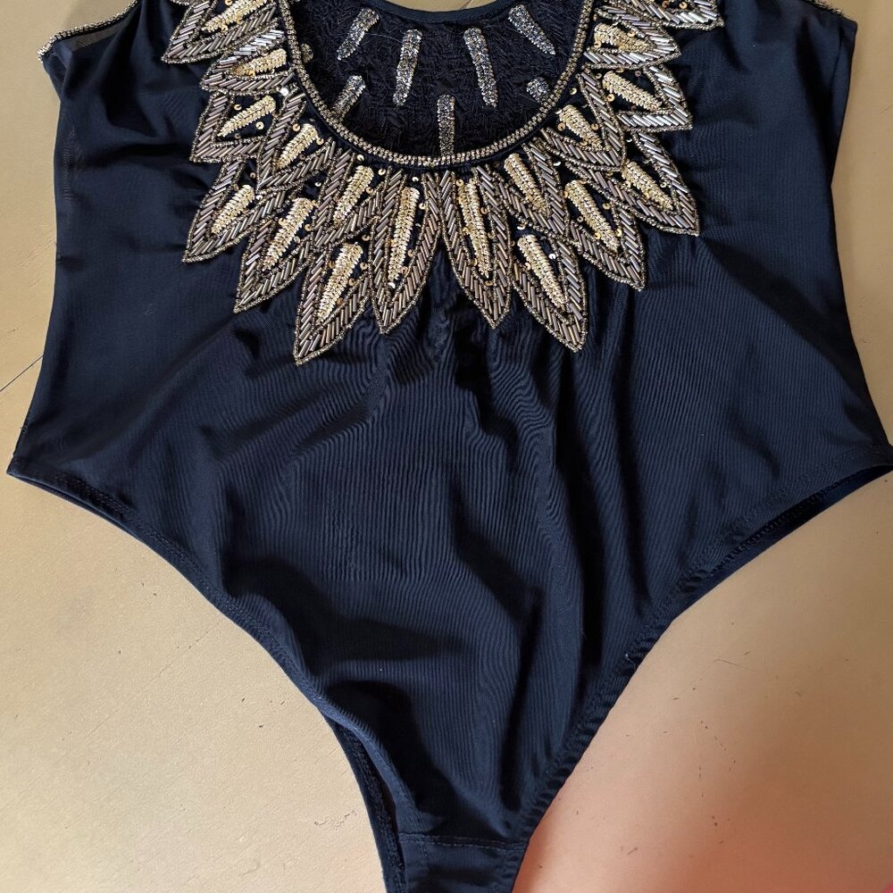Black bodysuit with gold feather beading